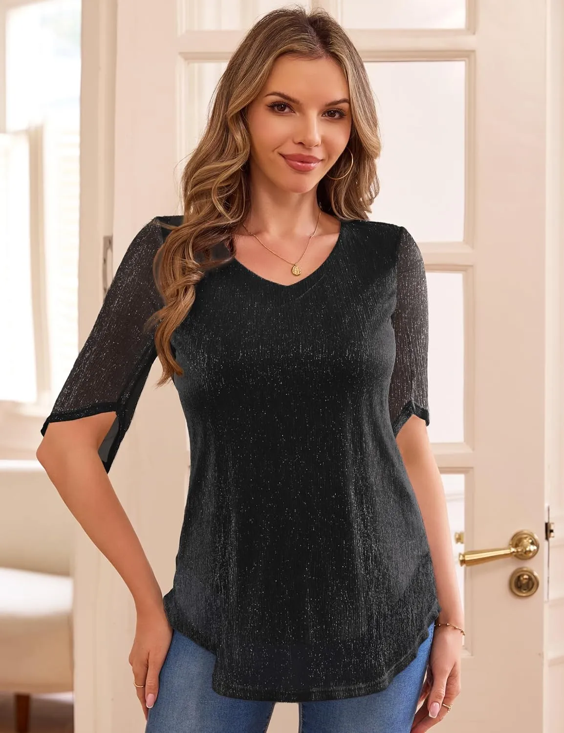 Traleubie Women's Short Sleeve Sparkly Glitter Blouse Double Layer Mesh Top for Parties, Evening Wear, Everyday Style, S-XL