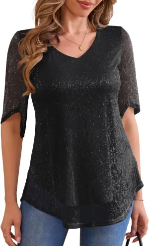 Traleubie Women's Short Sleeve Sparkly Glitter Blouse Double Layer Mesh Top for Parties, Evening Wear, Everyday Style, S-XL