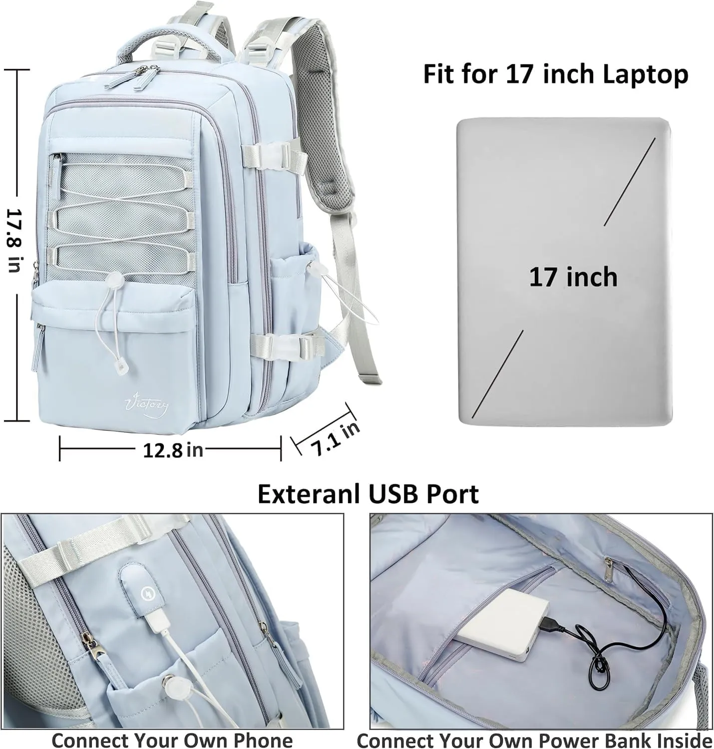 Travel Backpack for Women Men 17 Inch Laptop Backpacks with USB Port Carry on Bag Airline Approved Large College School Bookbags Waterproof Work Business Sport Rucksack Casual Daypack ( Blue)