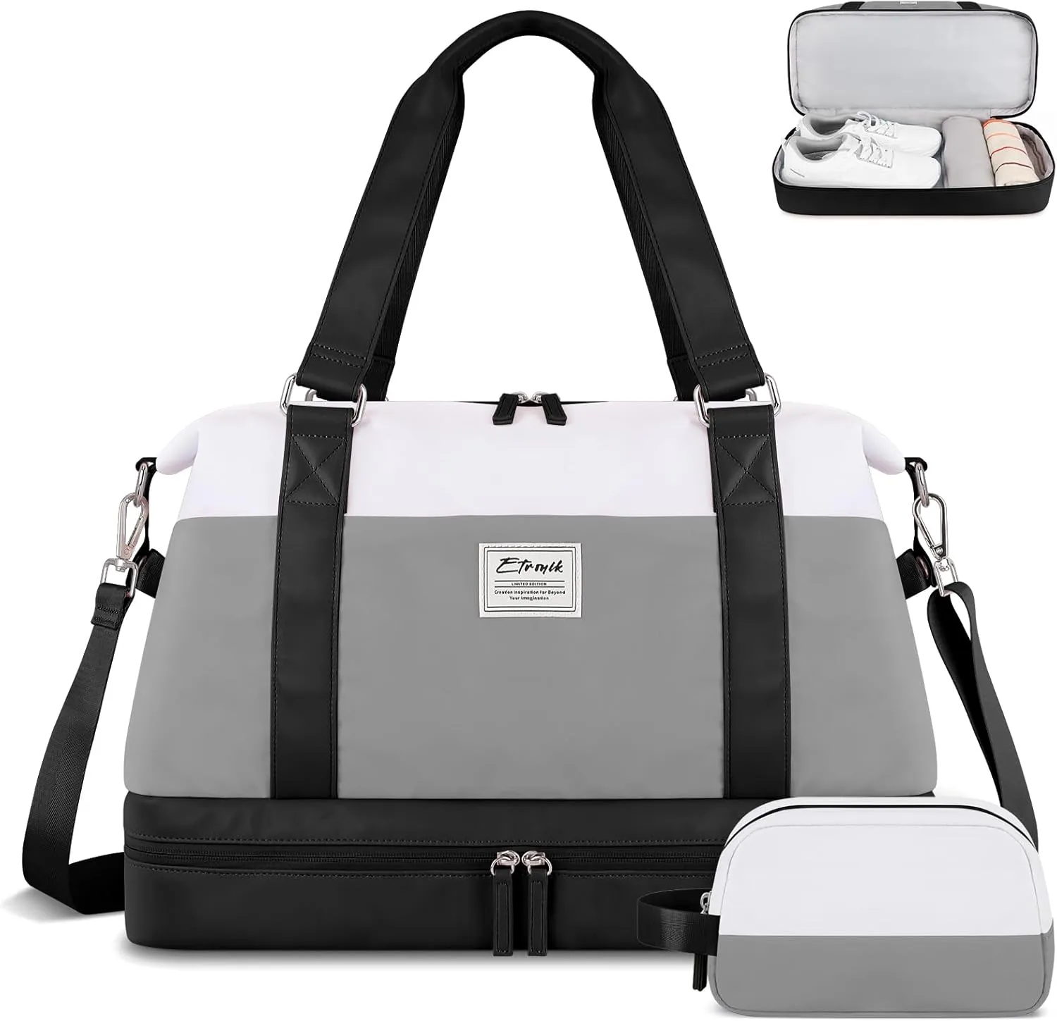 Travel Duffel Bag, ETRONIK Gym Bag for Women with Shoes Compartment & Wet Pocket, Carry On Weekender Bag with Toiletry Bag, Overnight Bag for Hospital, Yoga, Sports (Gray)