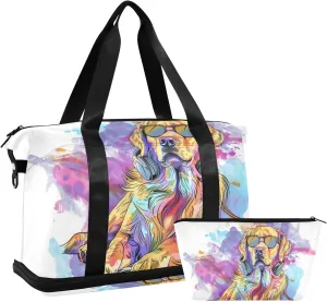 Travel Duffel Gym Sports Luggage Bag Expandable Large Capacity Golden Retriever Headphone Sports Bag for Women and Men