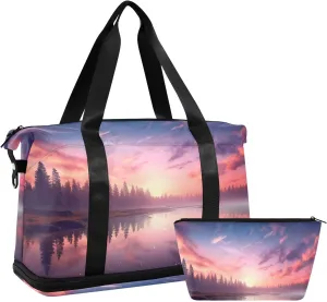 Travel Duffel Gym Sports Luggage Bag Expandable Large Capacity Lake Scene Sports Bag for Women and Men