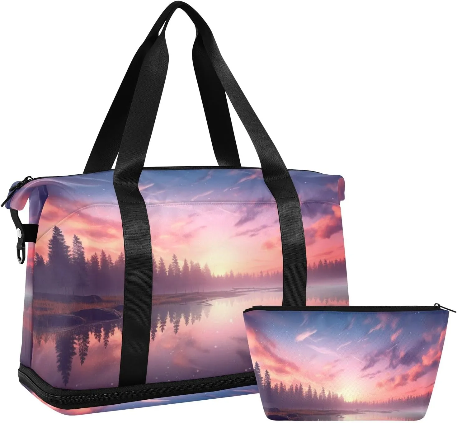Travel Duffel Gym Sports Luggage Bag Expandable Large Capacity Lake Scene Sports Bag for Women and Men