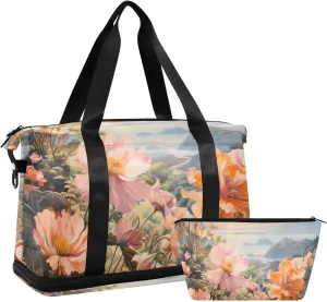 Travel Duffel Gym Sports Luggage Bag Expandable Large Capacity Vintage Floral Painting Sports Bag for Women and Men