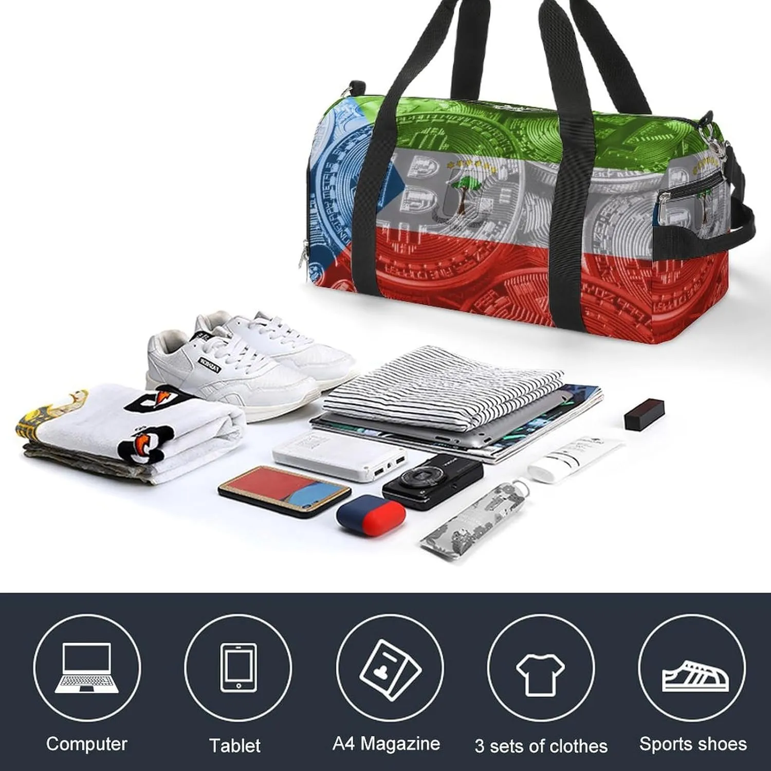 Travel Duffel with Equatorial Guinea Flag Bitcoin Shoe Compartment for Gym Beach and Sports