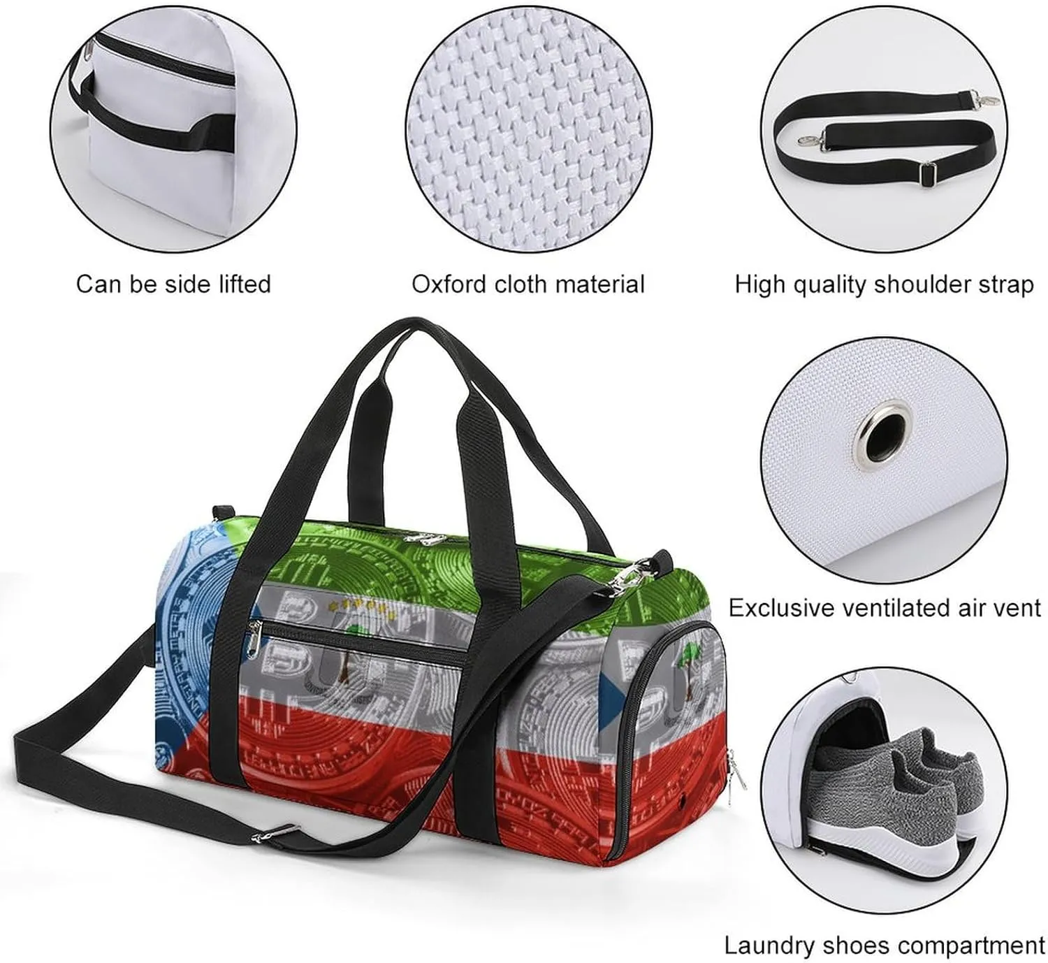 Travel Duffel with Equatorial Guinea Flag Bitcoin Shoe Compartment for Gym Beach and Sports