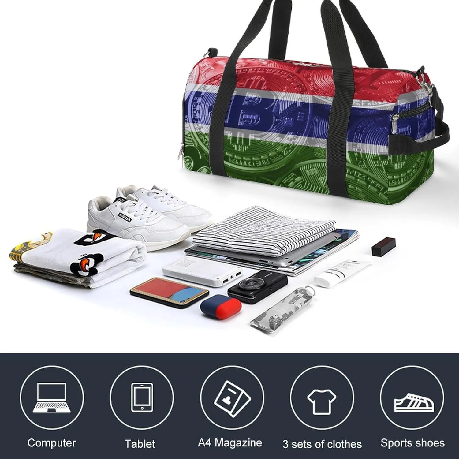 Travel Duffel with Gambia Flag Bitcoin Shoe Compartment for Gym Beach and Sports