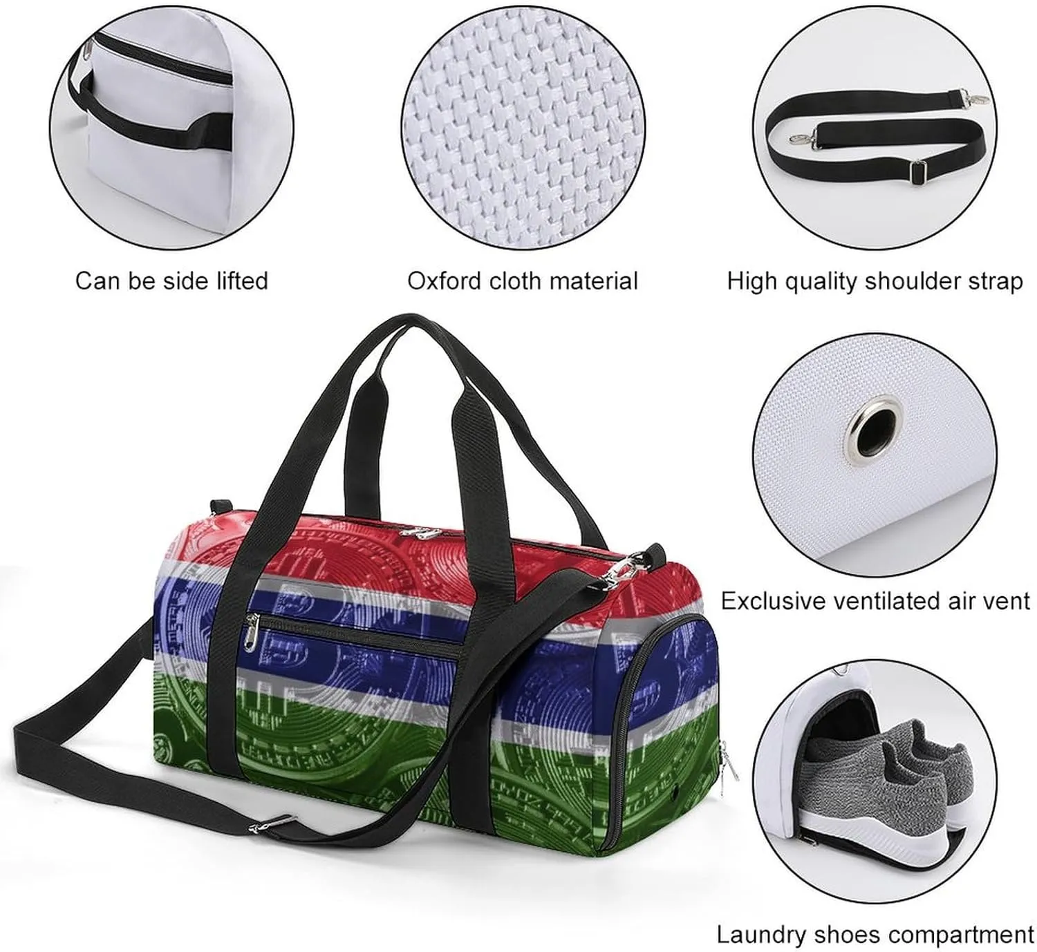 Travel Duffel with Gambia Flag Bitcoin Shoe Compartment for Gym Beach and Sports
