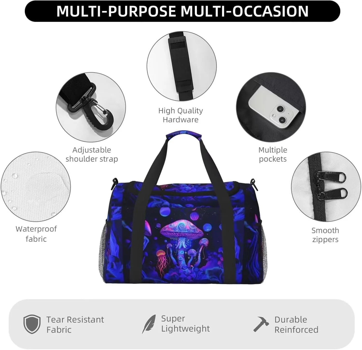 Travel Duffle Bag Cute Boho Mushrooms Gym Bag for Women Purple Pink Tote Bag Laptop Carry on Weekender Overnight Bag Organizer Duffel Bag for Travel Business Trips, Sports