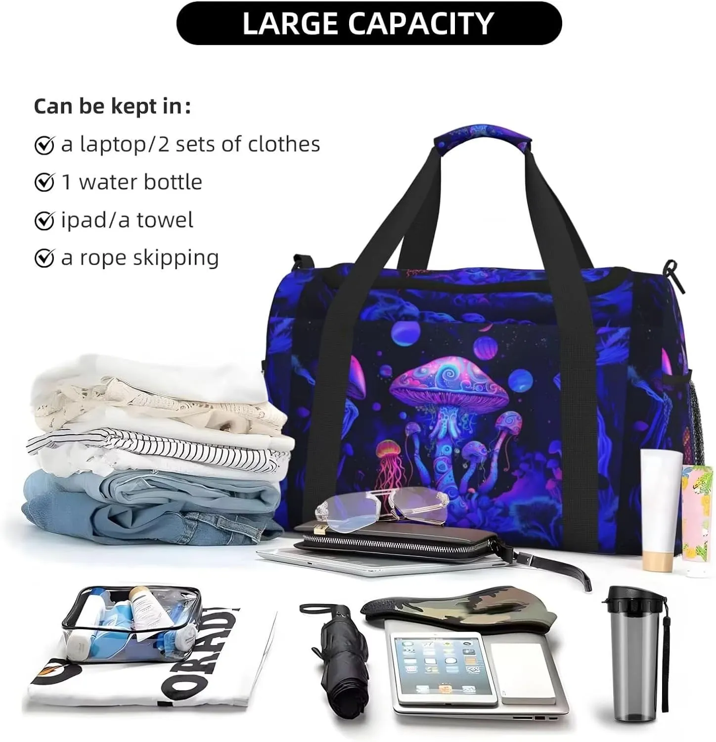 Travel Duffle Bag Cute Boho Mushrooms Gym Bag for Women Purple Pink Tote Bag Laptop Carry on Weekender Overnight Bag Organizer Duffel Bag for Travel Business Trips, Sports