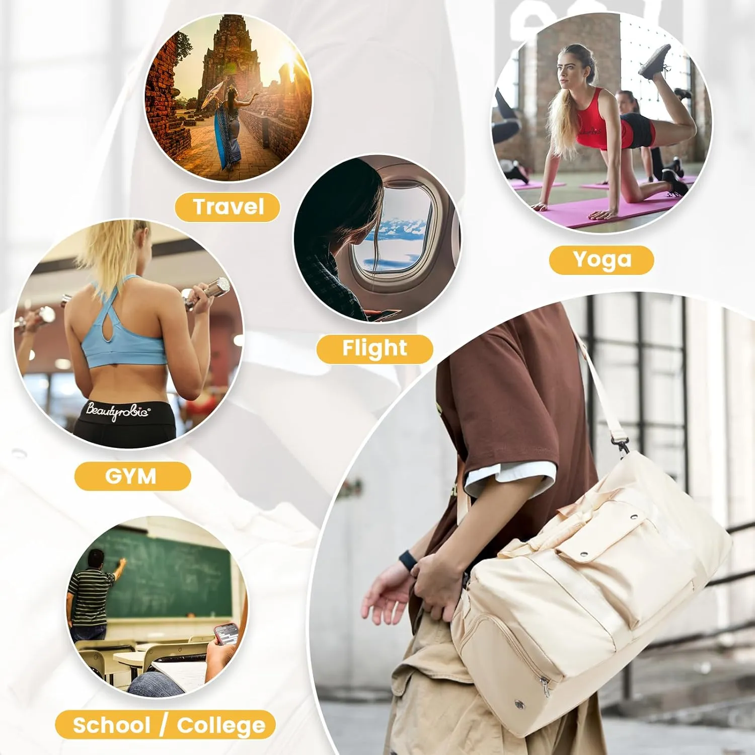 Travel Duffle Bag, Gym Bag with Shoe Compartment, Carry on Bags for Women Weekender Overnight Bag, Underseat Personal Item Bolso de Viaje - Beige