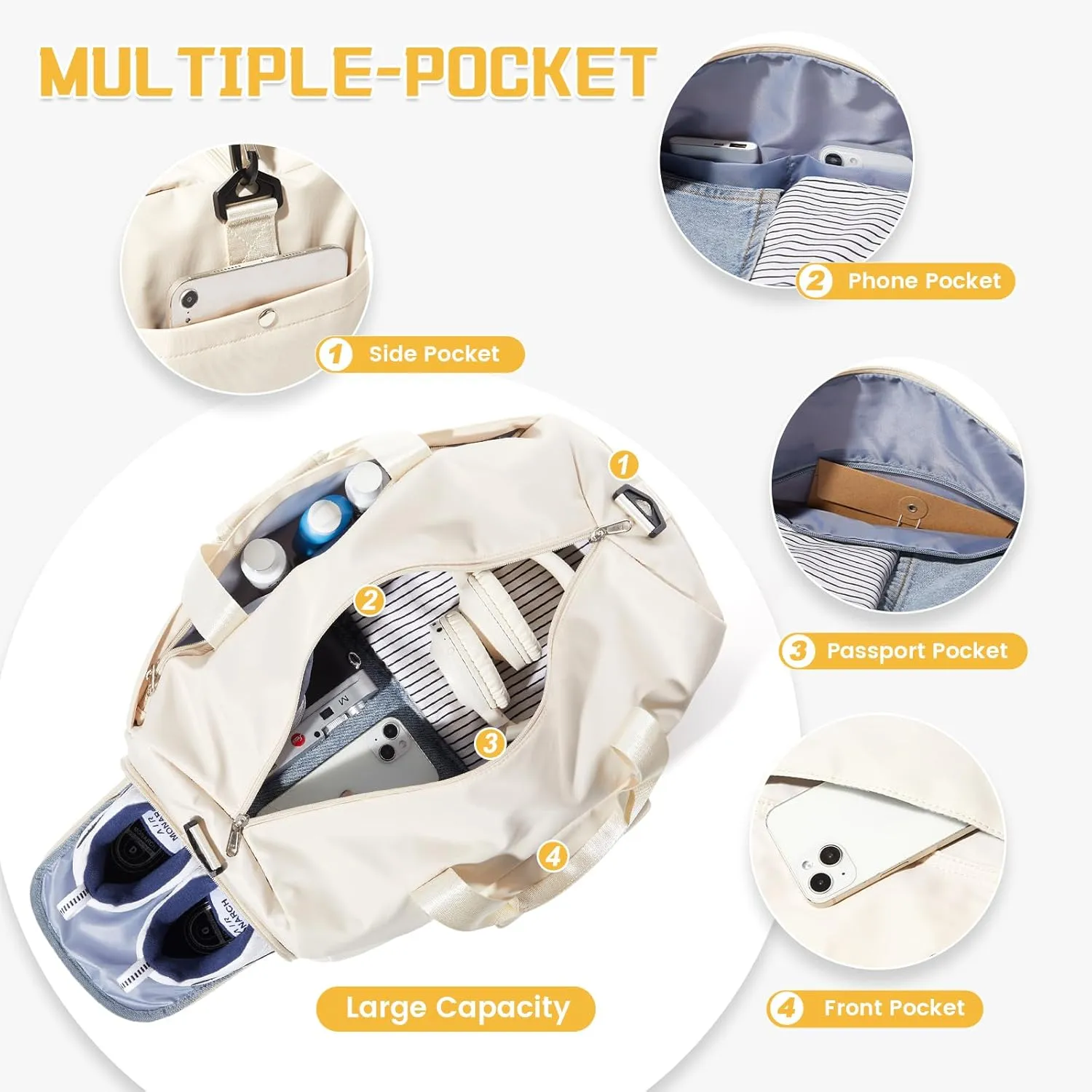 Travel Duffle Bag, Gym Bag with Shoe Compartment, Carry on Bags for Women Weekender Overnight Bag, Underseat Personal Item Bolso de Viaje - Beige