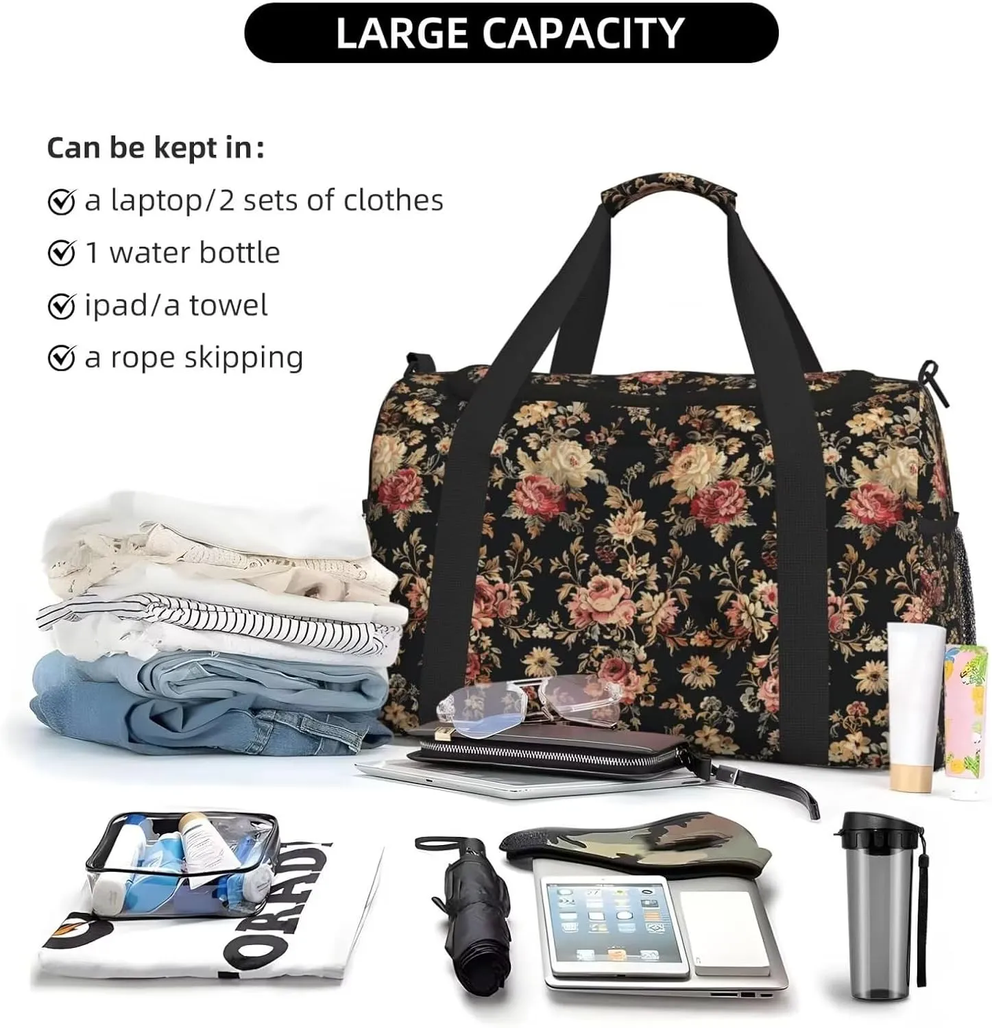 Travel Duffle Bag Vintage Flower Rose Large Duffel Bag Lightweight, Floral Girly Rustic Duffel Bag for Women Lady Water & Tear Resistant Luggage Overnight Bag with Zippers