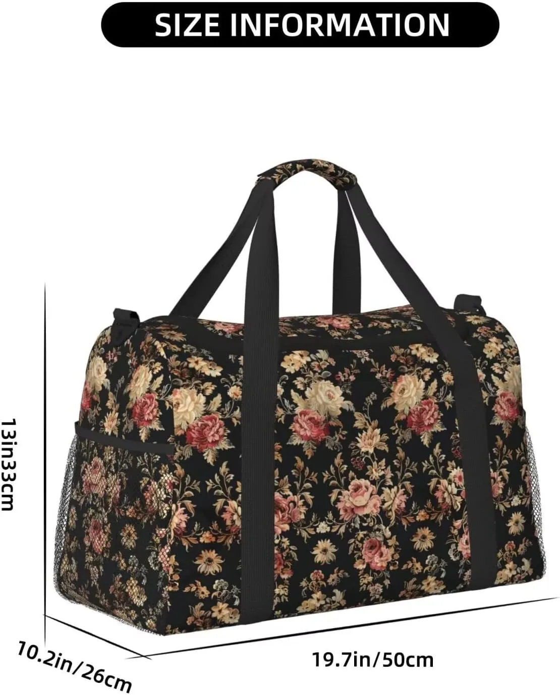 Travel Duffle Bag Vintage Flower Rose Large Duffel Bag Lightweight, Floral Girly Rustic Duffel Bag for Women Lady Water & Tear Resistant Luggage Overnight Bag with Zippers