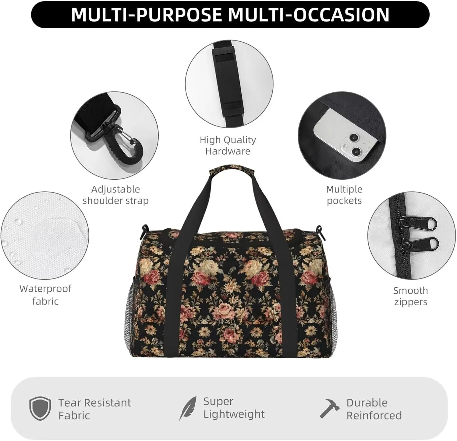Travel Duffle Bag Vintage Flower Rose Large Duffel Bag Lightweight, Floral Girly Rustic Duffel Bag for Women Lady Water & Tear Resistant Luggage Overnight Bag with Zippers