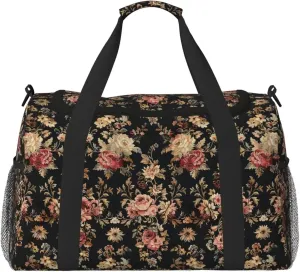 Travel Duffle Bag Vintage Flower Rose Large Duffel Bag Lightweight, Floral Girly Rustic Duffel Bag for Women Lady Water & Tear Resistant Luggage Overnight Bag with Zippers