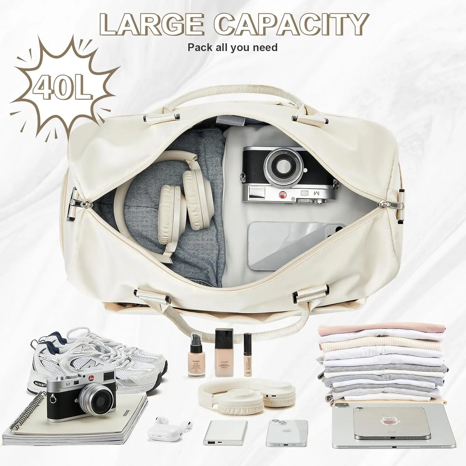 Travel Duffle Bag with Shoes Holder & Wet Pocket - Weekender or Overnight Use, Waterproof, Carry-On Compatible