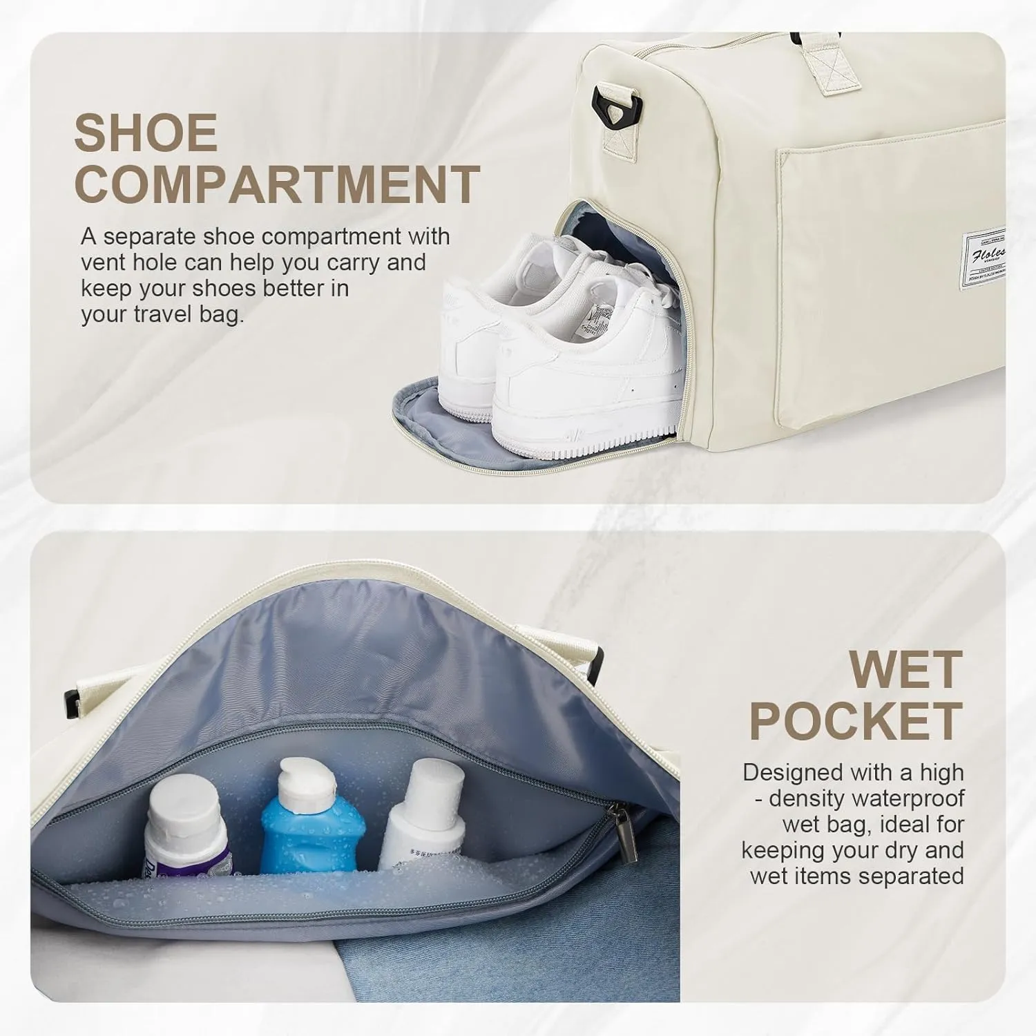 Travel Duffle Bag with Shoes Holder & Wet Pocket - Weekender or Overnight Use, Waterproof, Carry-On Compatible