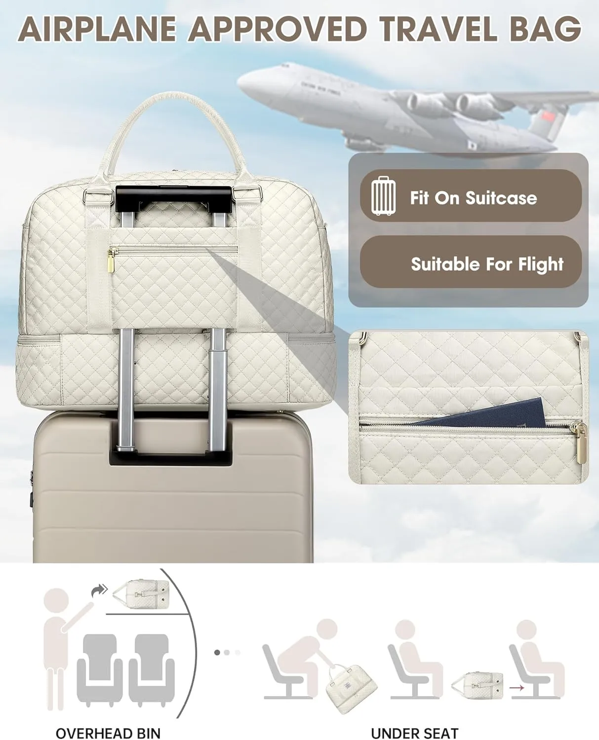 Travel Duffle Weekender Bags for Women: Overnight Bag with Shoe Compartment Carry On Bags with Toiletry & Wet Pocket Large Tote Hospital for Women Labor Delivery Beige
