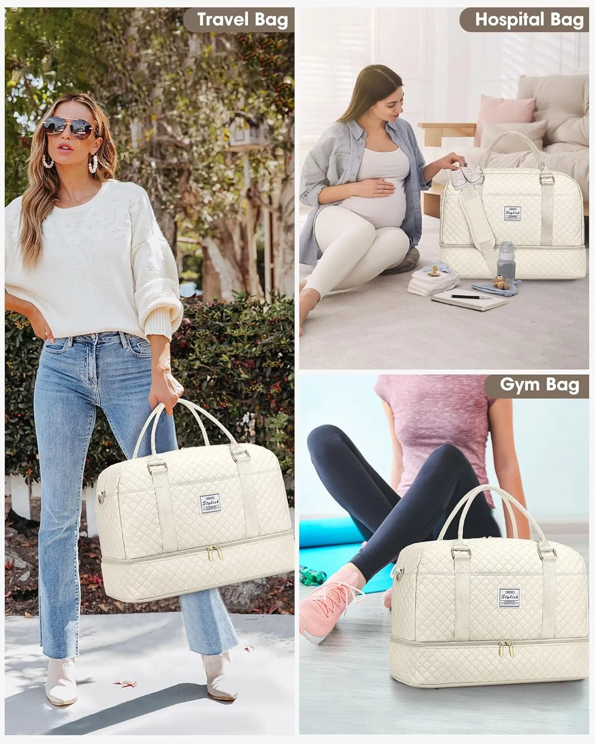 Travel Duffle Weekender Bags for Women: Overnight Bag with Shoe Compartment Carry On Bags with Toiletry & Wet Pocket Large Tote Hospital for Women Labor Delivery Beige