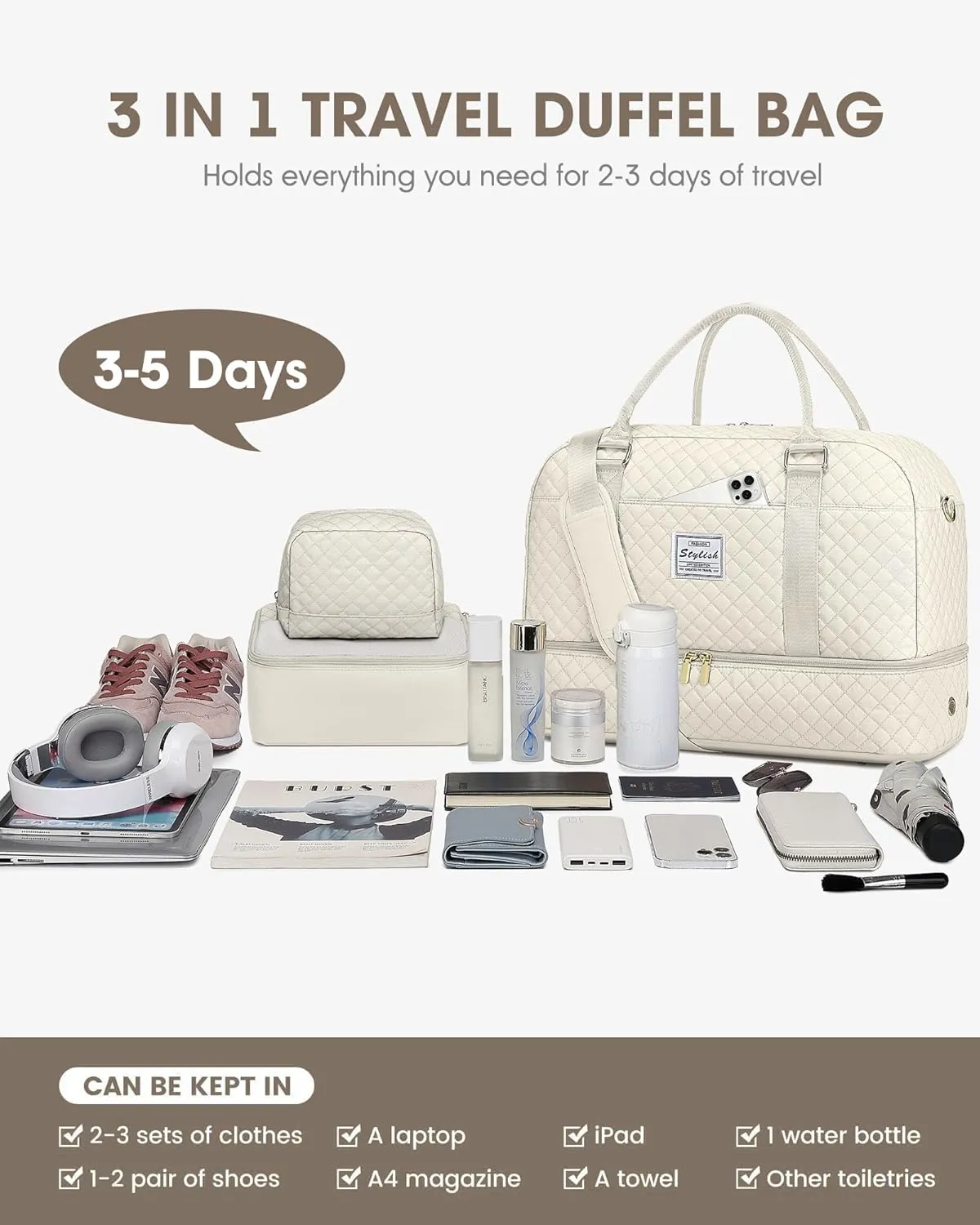 Travel Duffle Weekender Bags for Women: Overnight Bag with Shoe Compartment Carry On Bags with Toiletry & Wet Pocket Large Tote Hospital for Women Labor Delivery Beige