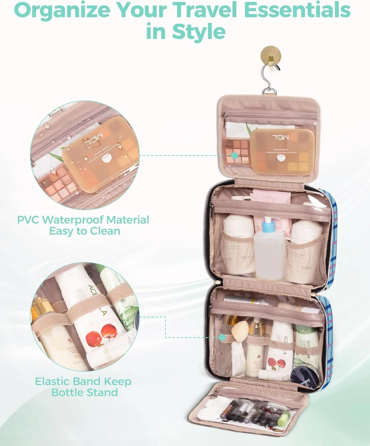 Travel Hanging Toiletry Bag for Women, Water-Resistant Cosmetic Organizer with 4 Compartments & 360° Swivel Hook, TSA-Approved Makeup Bag for Shampoo, Full Sized Container, Toiletries (Pink)