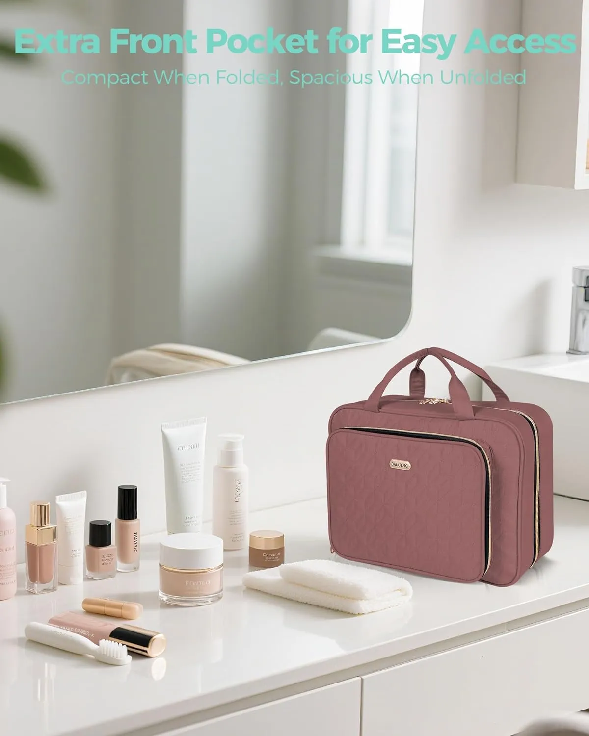 Travel Hanging Toiletry Bag for Women, Water-Resistant Cosmetic Organizer with 4 Compartments & 360° Swivel Hook, TSA-Approved Makeup Bag for Shampoo, Full Sized Container, Toiletries (Pink)