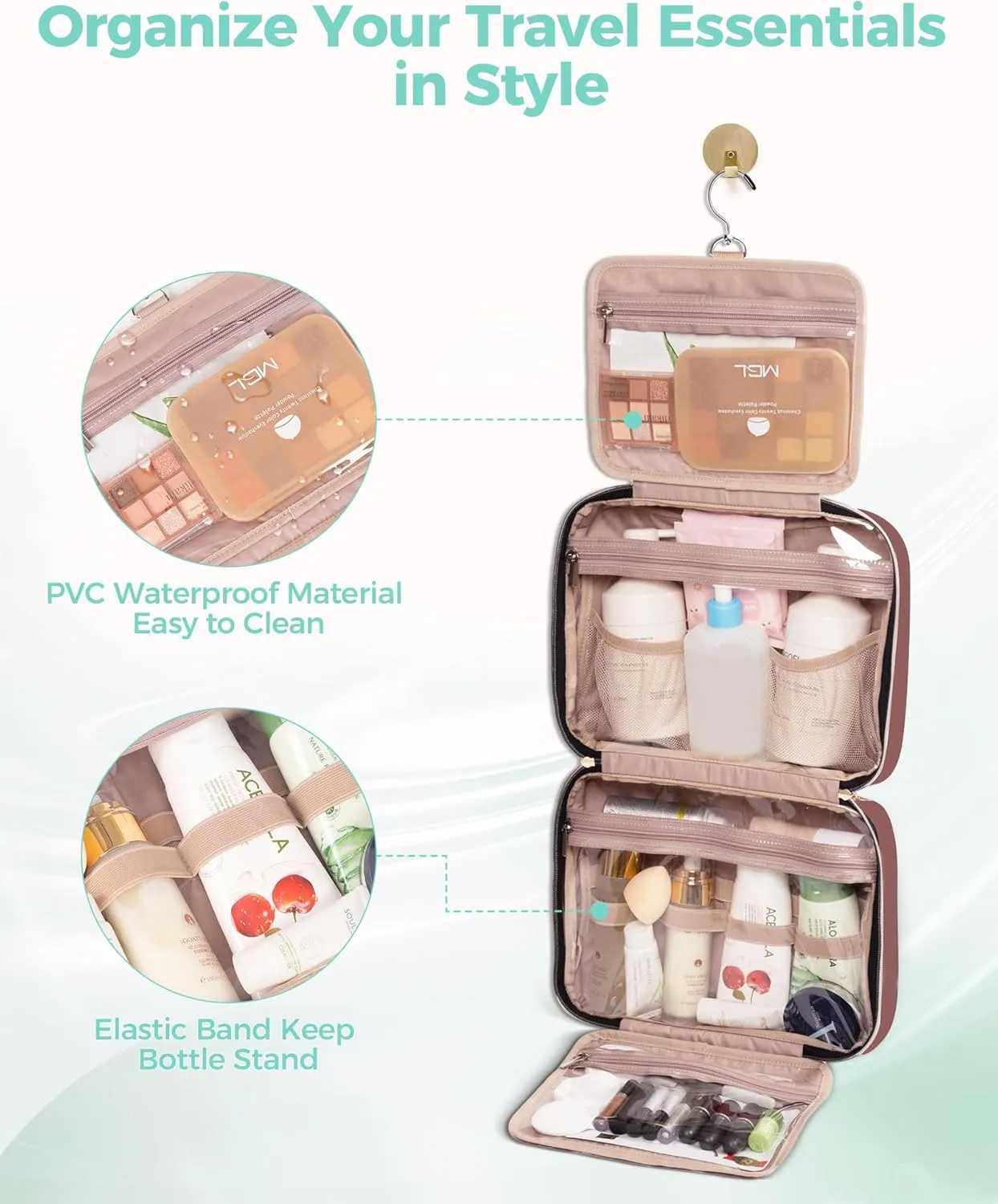Travel Hanging Toiletry Bag for Women, Water-Resistant Cosmetic Organizer with 4 Compartments & 360° Swivel Hook, TSA-Approved Makeup Bag for Shampoo, Full Sized Container, Toiletries (Pink)