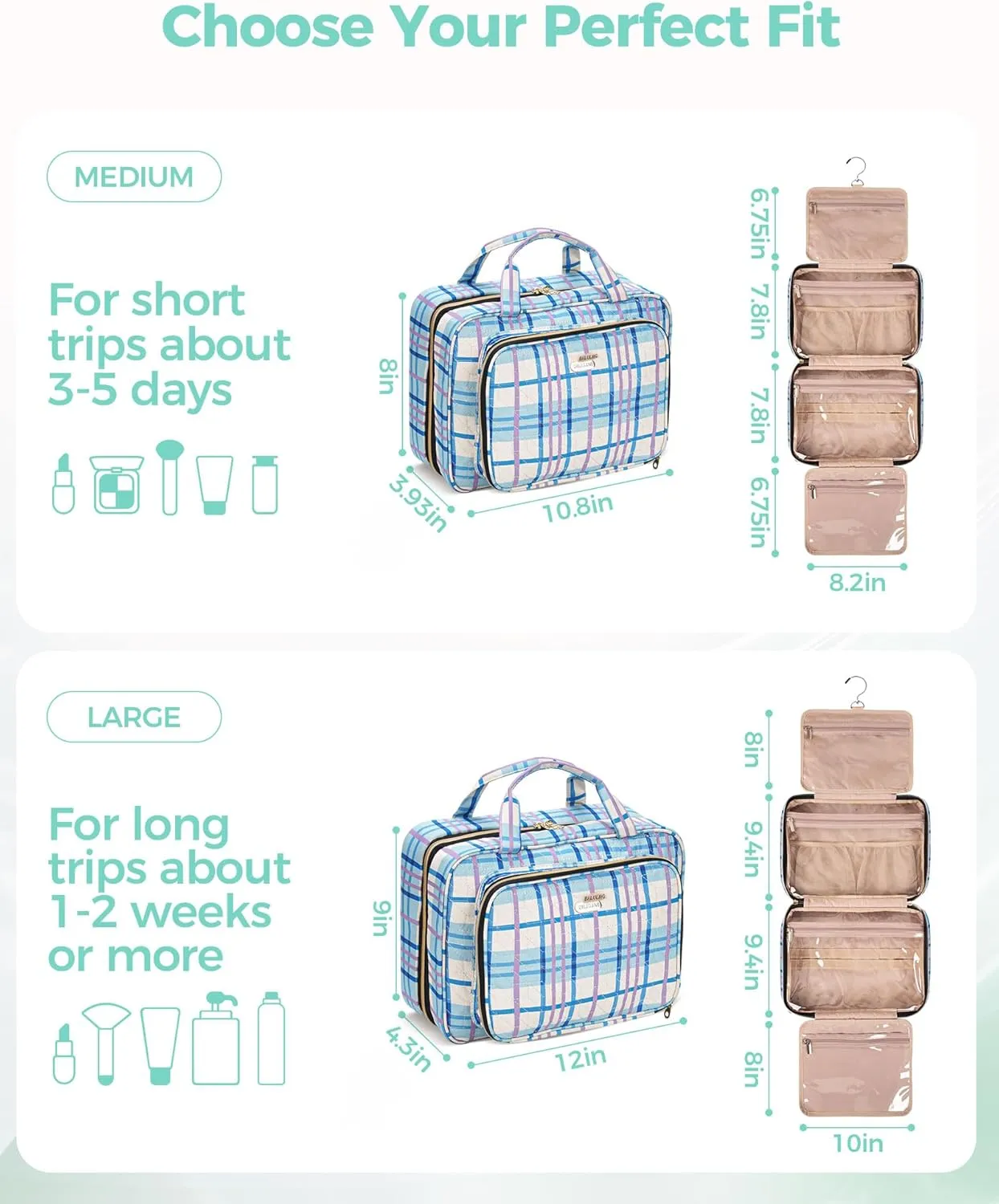 Travel Hanging Toiletry Bag for Women, Water-Resistant Cosmetic Organizer with 4 Compartments & 360° Swivel Hook, TSA-Approved Makeup Bag for Shampoo, Full Sized Container, Toiletries (Pink)