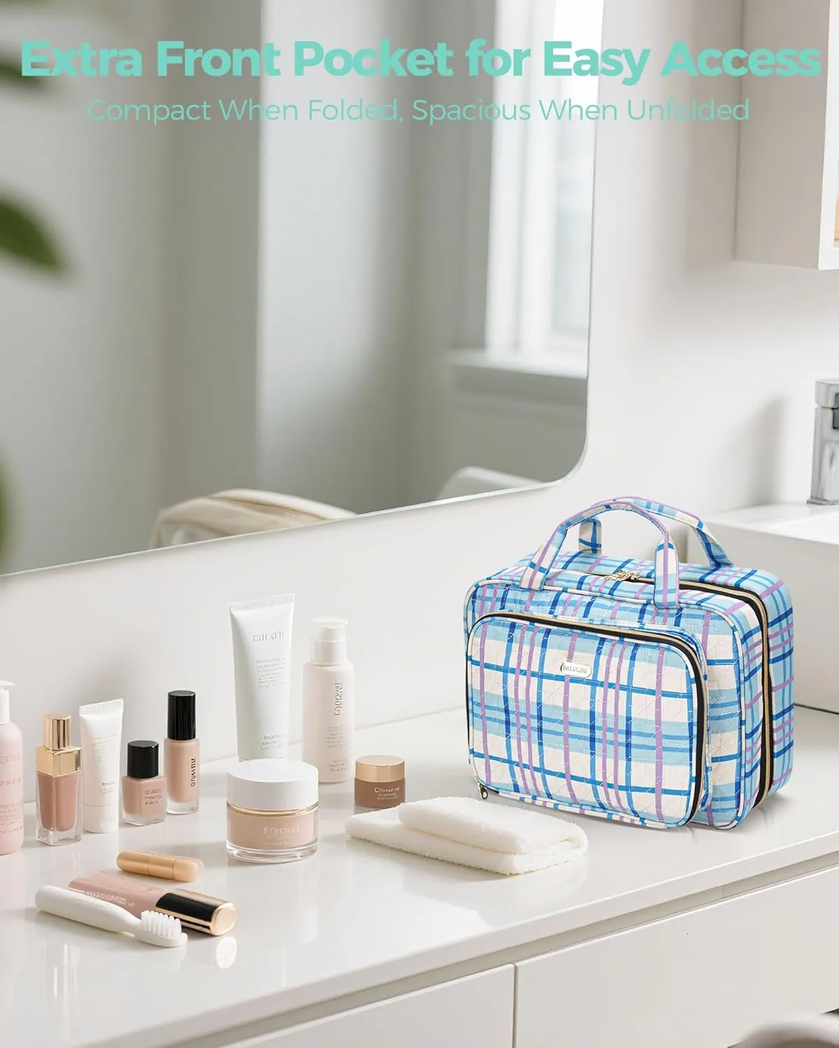 Travel Hanging Toiletry Bag for Women, Water-Resistant Cosmetic Organizer with 4 Compartments & 360° Swivel Hook, TSA-Approved Makeup Bag for Shampoo, Full Sized Container, Toiletries (Pink)