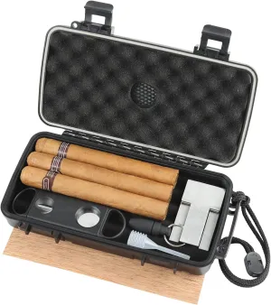Travel Humidor Box With Cigar Accessories - Spanish Cedar, Humidifier, Cutter, Stand, Punch - Holds 4-5 Cigars - Waterproof, Crushproof, Airtight Seal