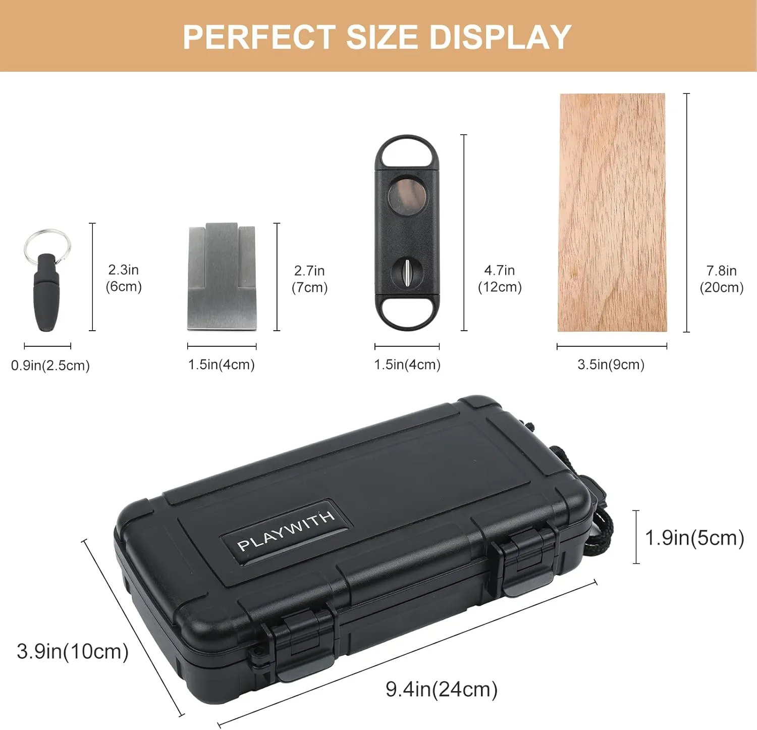 Travel Humidor Box With Cigar Accessories - Spanish Cedar, Humidifier, Cutter, Stand, Punch - Holds 4-5 Cigars - Waterproof, Crushproof, Airtight Seal