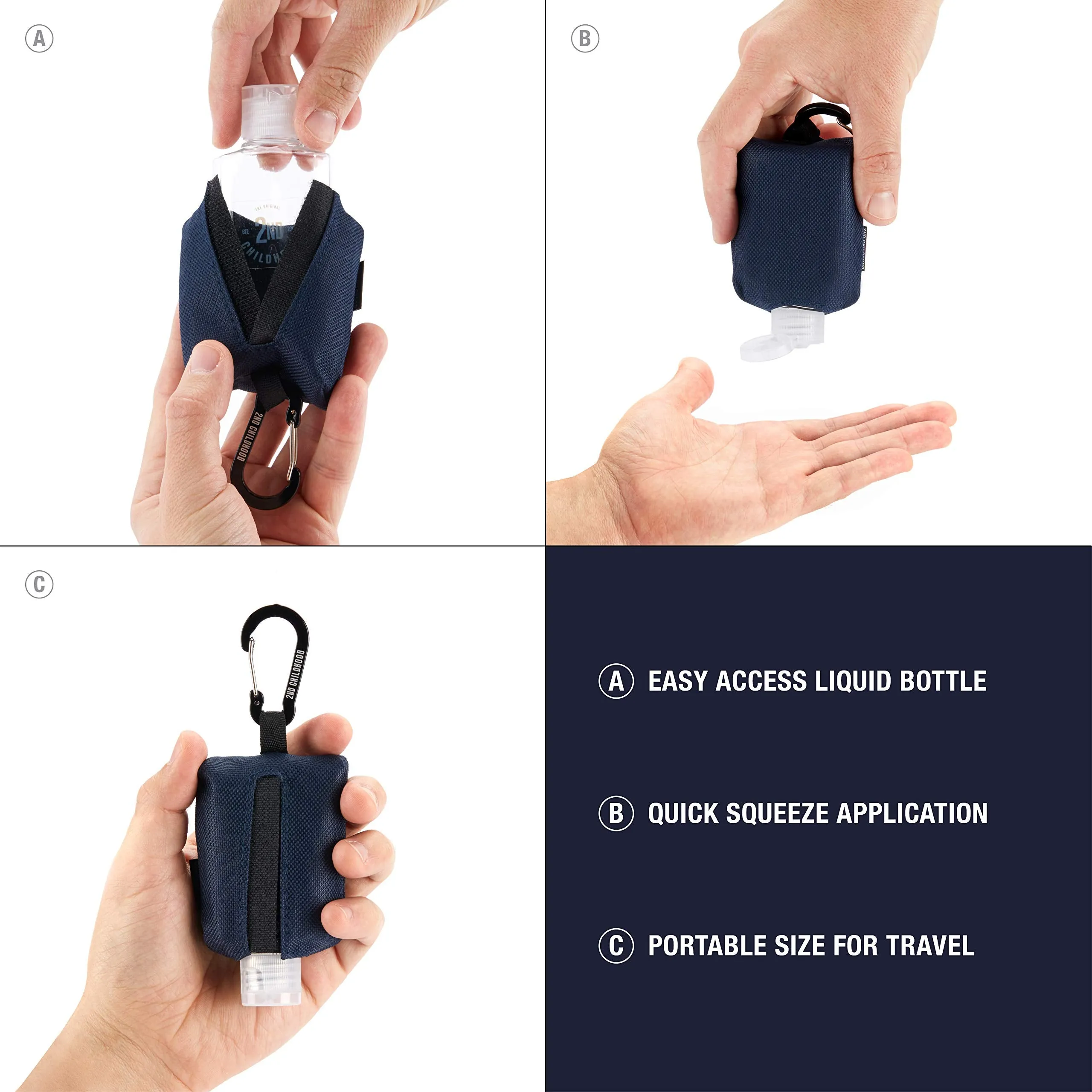 Travel Size Bottle Case, Hand Sanitizer Holder Carrier Bag - Portable Mini Waist Bag for Liquid Storage - Clip On Belt Loop, Backpack and Purse - Includes Empty Flip Cap 2 oz. Reusable Bottle (Blue)