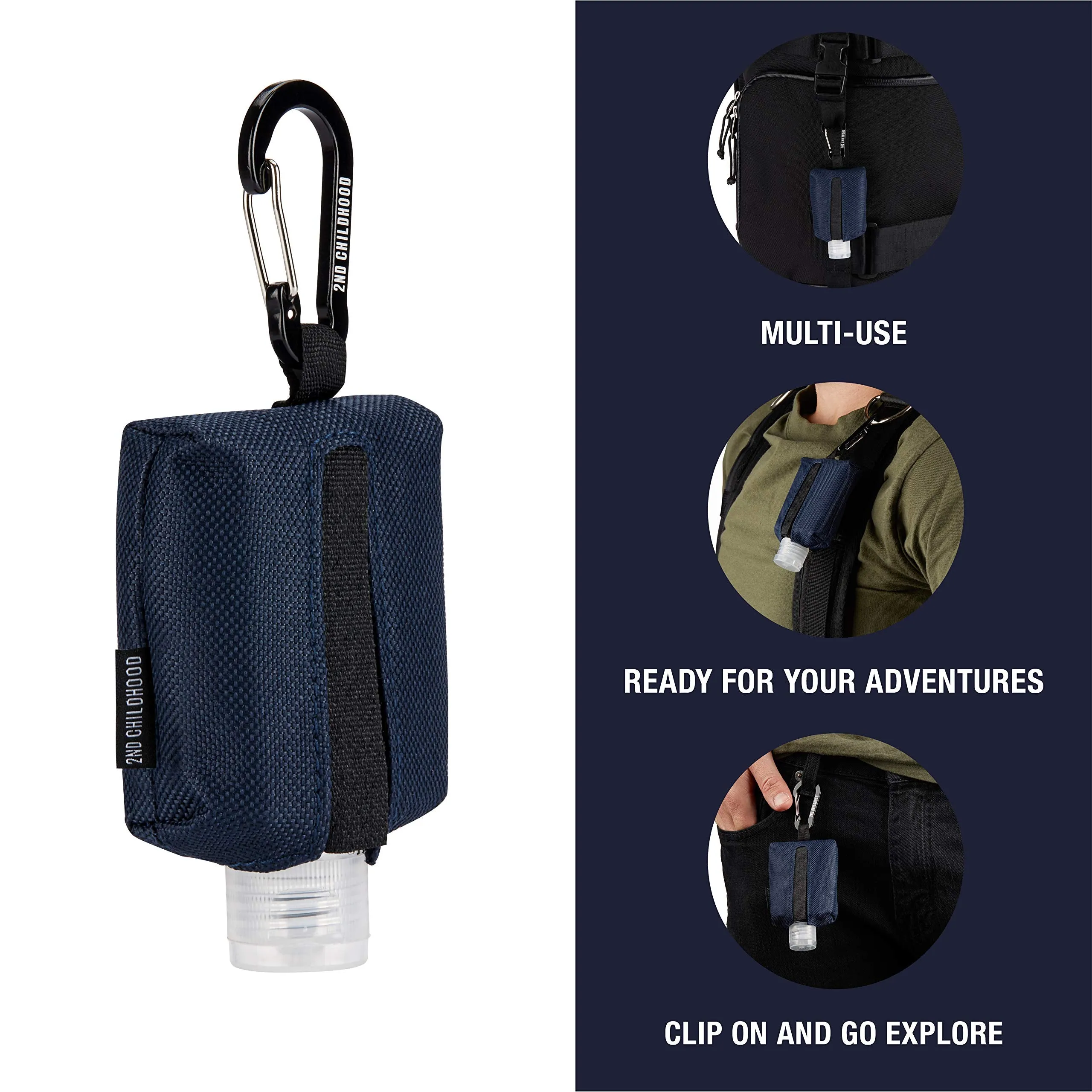 Travel Size Bottle Case, Hand Sanitizer Holder Carrier Bag - Portable Mini Waist Bag for Liquid Storage - Clip On Belt Loop, Backpack and Purse - Includes Empty Flip Cap 2 oz. Reusable Bottle (Blue)