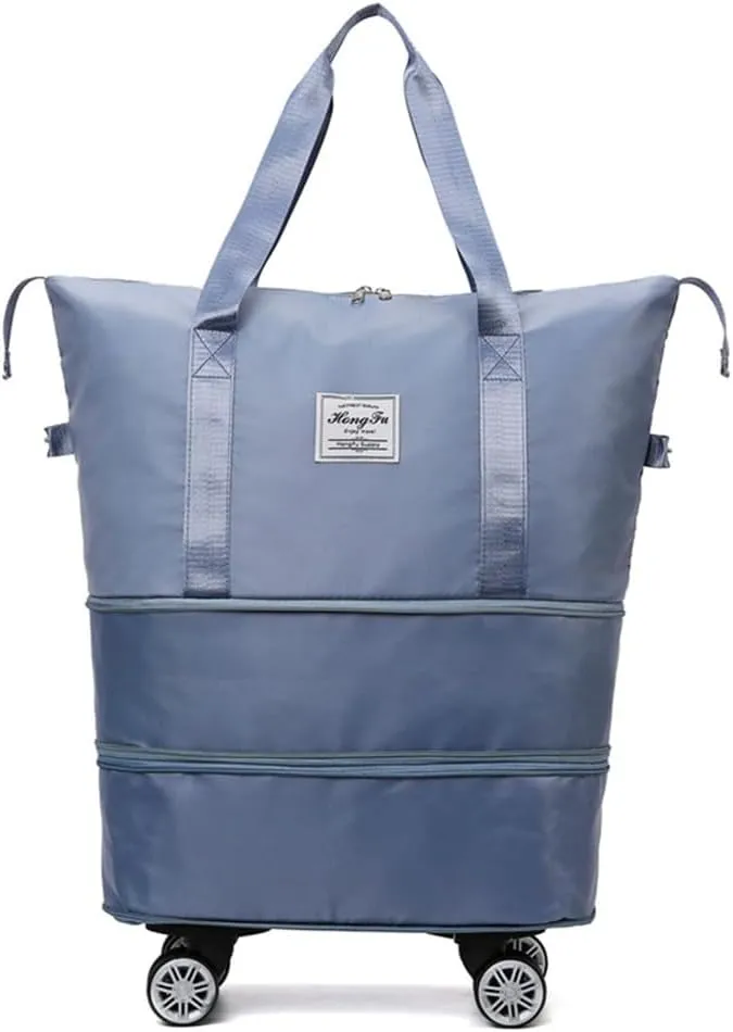 Travel Tote Bag with Trolley Sleeve Expandable Extra Duffel Bag with Wheels Lightweight Traveling Foldable Suitcase