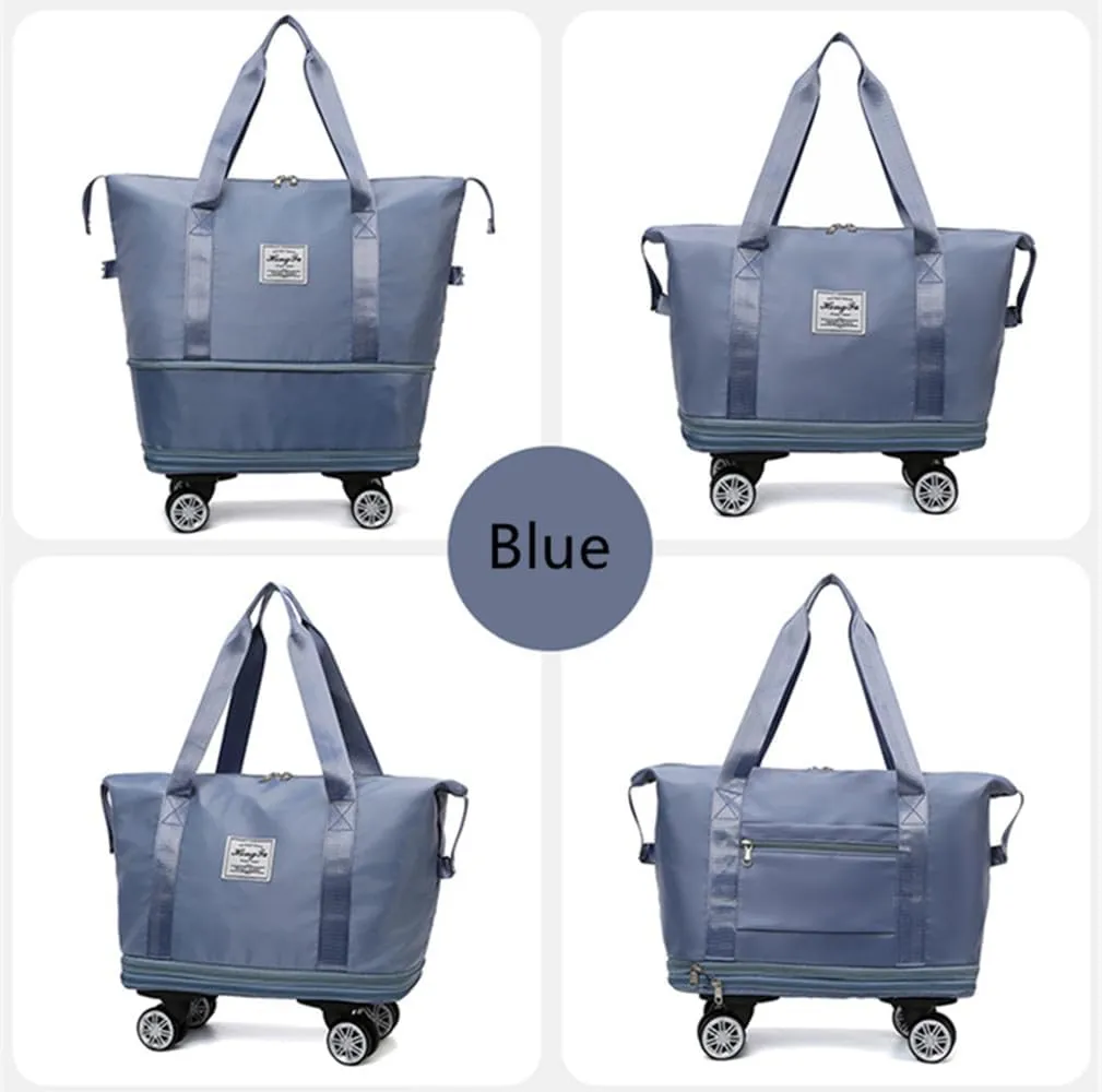 Travel Tote Bag with Trolley Sleeve Expandable Extra Duffel Bag with Wheels Lightweight Traveling Foldable Suitcase