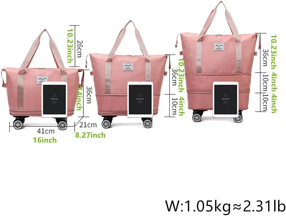 Travel Tote Bag with Trolley Sleeve Expandable Extra Duffel Bag with Wheels Lightweight Traveling Foldable Suitcase