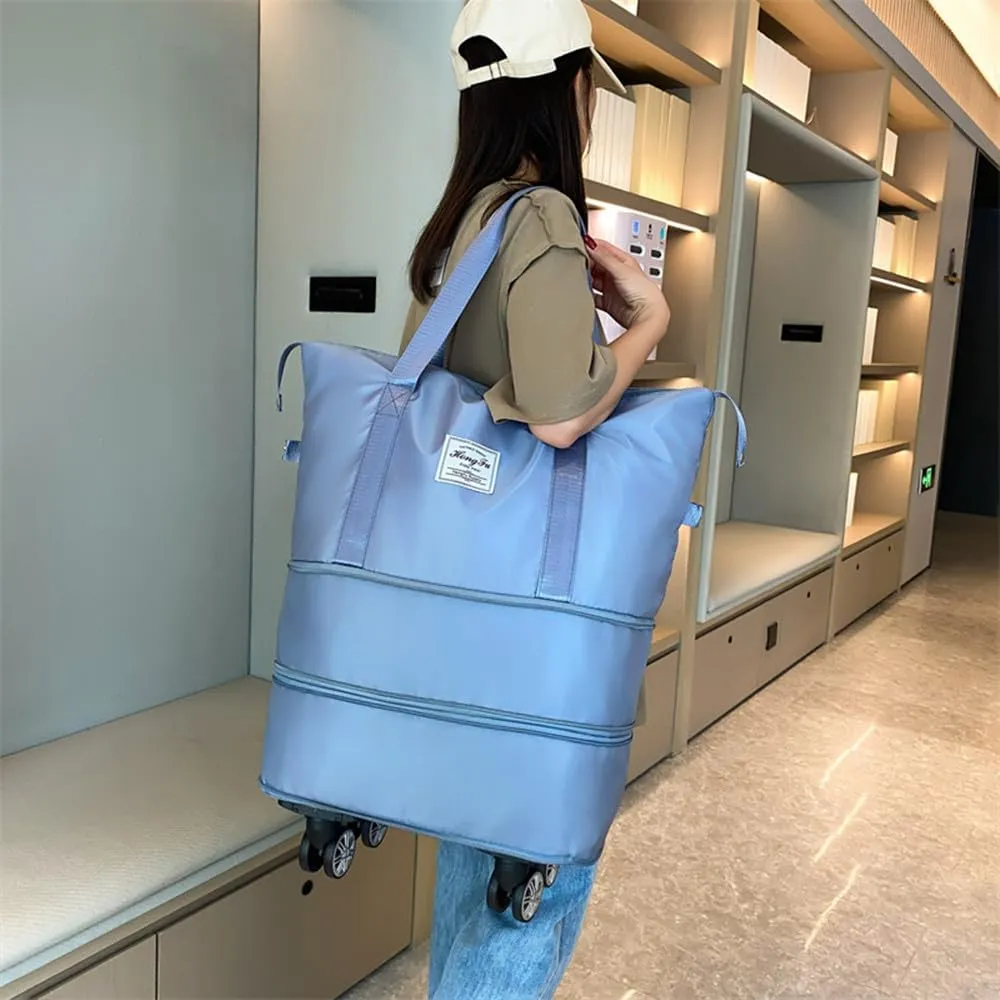 Travel Tote Bag with Trolley Sleeve Expandable Extra Duffel Bag with Wheels Lightweight Traveling Foldable Suitcase