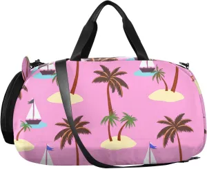 Tropical Palms Pink Kids Overnight Duffle Bag,Gymnastics Sports Dance Bag with Shoe Compartment & Wet Pocket, Travel Weekender Tote for Boys & Girls