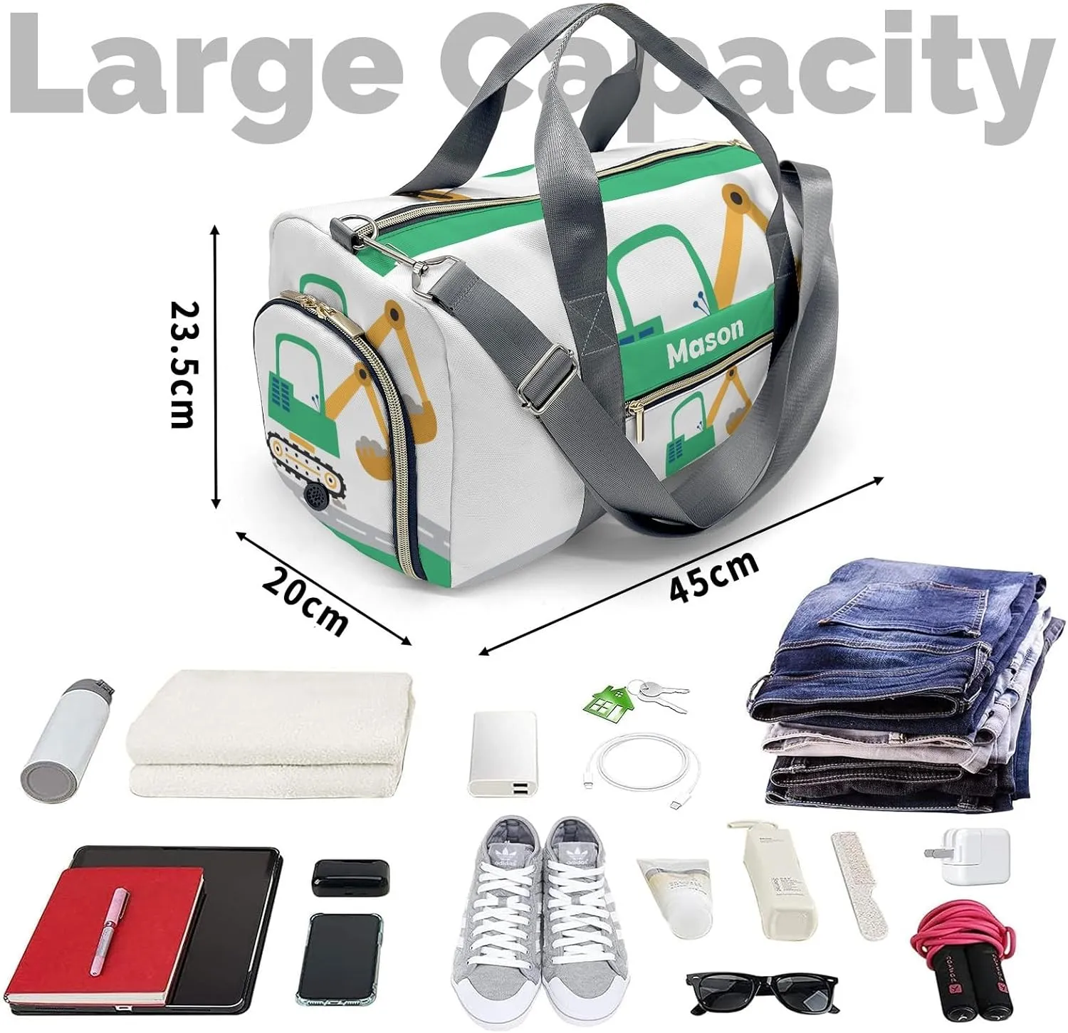 Truck Dig Green Personalized Duffel Bag,Custom Travel Gym Bag with Name,Waterproof Sports Overnight Bag with Shoe Compartment & Shoulder Strap