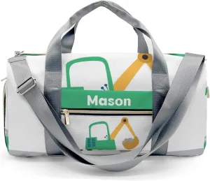 Truck Dig Green Personalized Duffel Bag,Custom Travel Gym Bag with Name,Waterproof Sports Overnight Bag with Shoe Compartment & Shoulder Strap