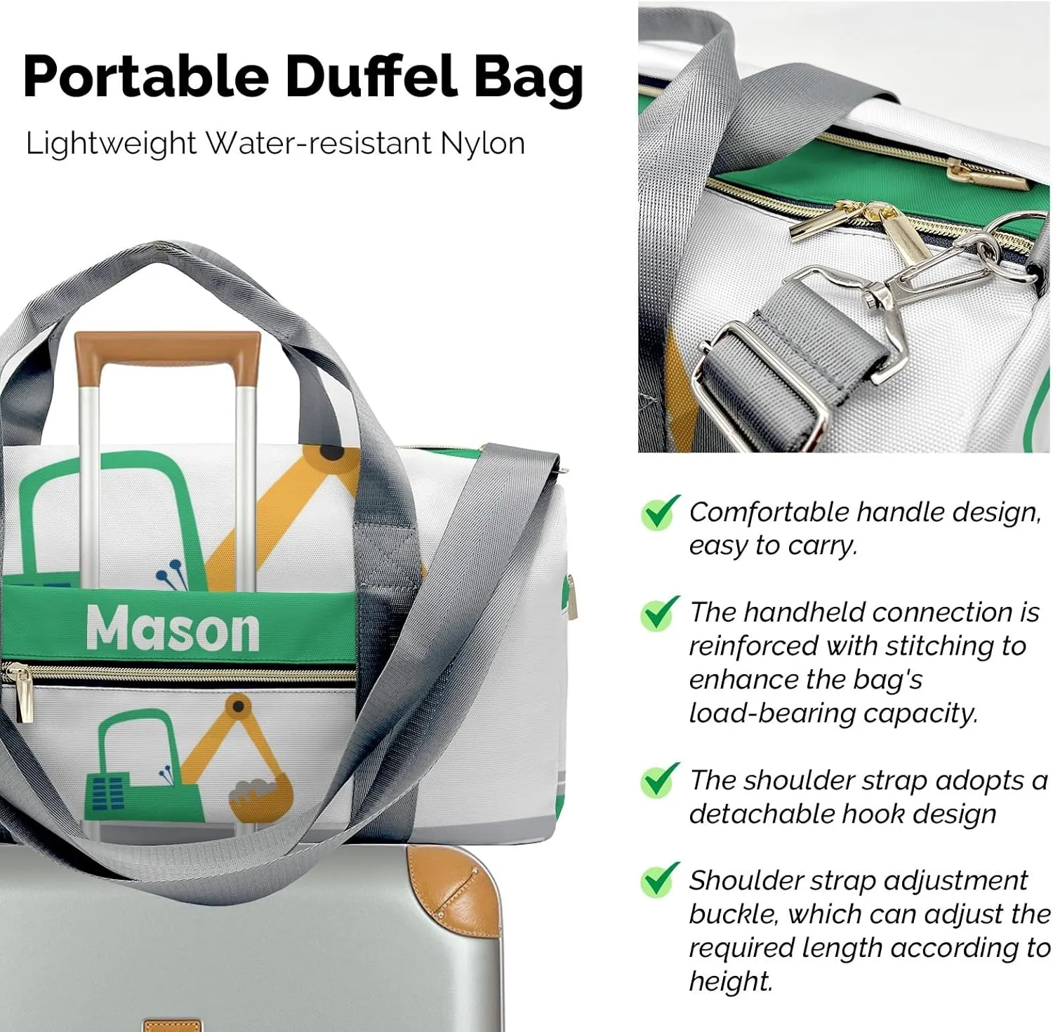 Truck Dig Green Personalized Duffel Bag,Custom Travel Gym Bag with Name,Waterproof Sports Overnight Bag with Shoe Compartment & Shoulder Strap