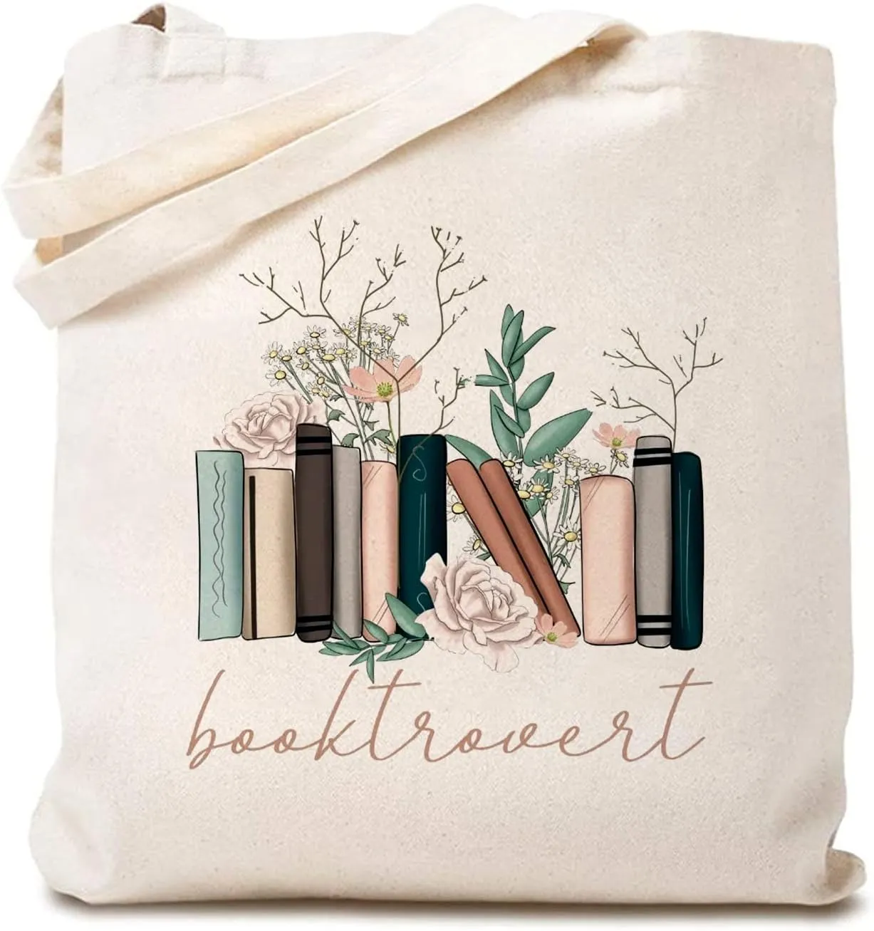 TSIIUO Women's Booktrovert Canvas Tote Bag Funny Flowers Books Graphic Book Lover Gift Reading Reusable Shopping Bag