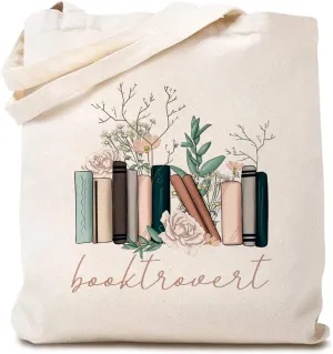 TSIIUO Women's Booktrovert Canvas Tote Bag Funny Flowers Books Graphic Book Lover Gift Reading Reusable Shopping Bag
