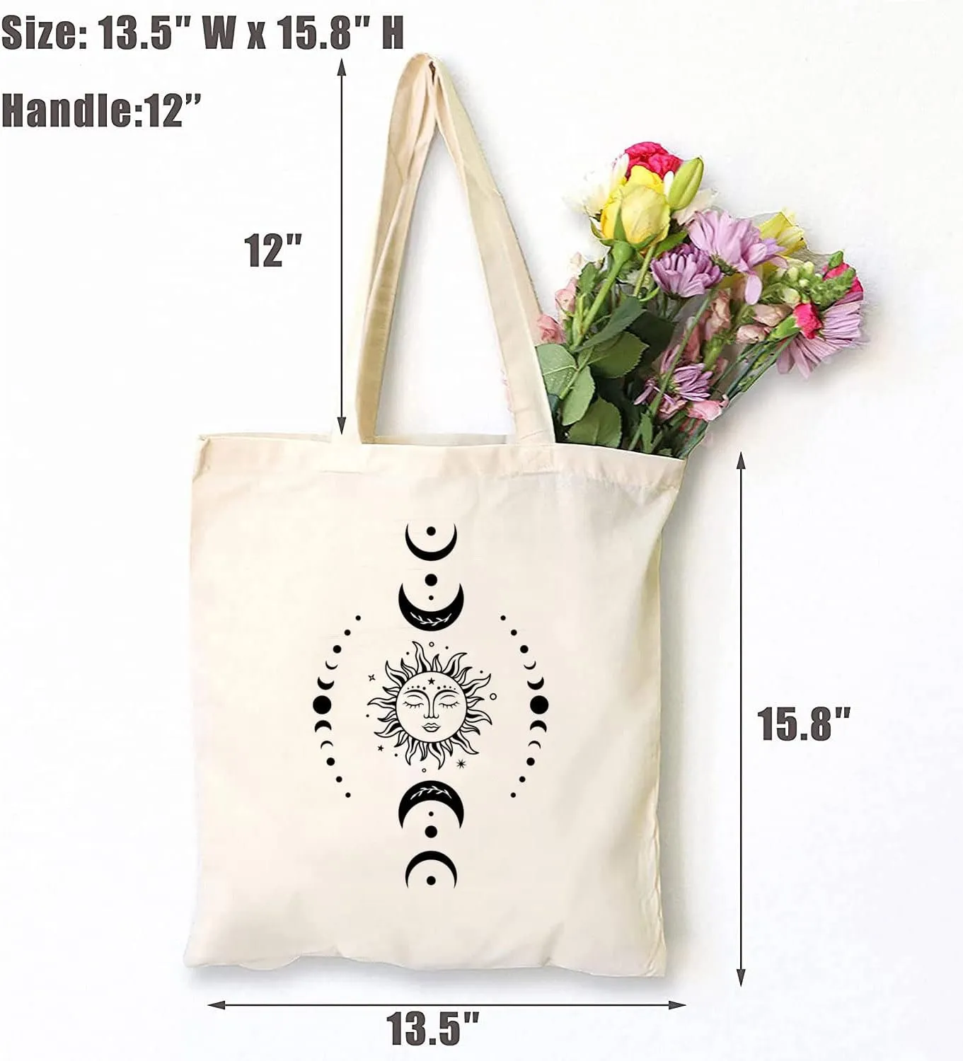 TSIIUO Women's Celestial Sun and Moon Boho Canvas Tote Bag Funny Moon Phase Lover Reusable Shopping Canvas Bag