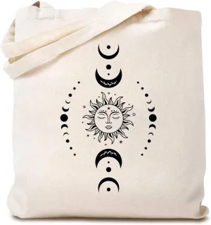 TSIIUO Women's Celestial Sun and Moon Boho Canvas Tote Bag Funny Moon Phase Lover Reusable Shopping Canvas Bag