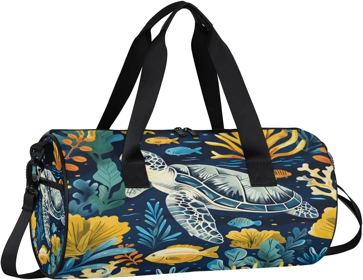 Turtle Fish Seaweed Travel Gym Bag Waterproof Sport Dance Bag for Women Men Portable Gymnastics Duffel Bags Canvas Tote Carry on Handbag for Workout Overnight Weekender