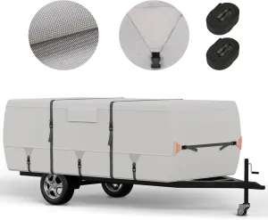 Tuszom True 900D Oxford Anti-Scratch Pop Up Camper Trailer Cover, Upgraded Waterproof Anti-UV Folding Camping RV Cover, Fit 8'-10' with 7 PCS Reinforced Windproof Straps for Motorhome