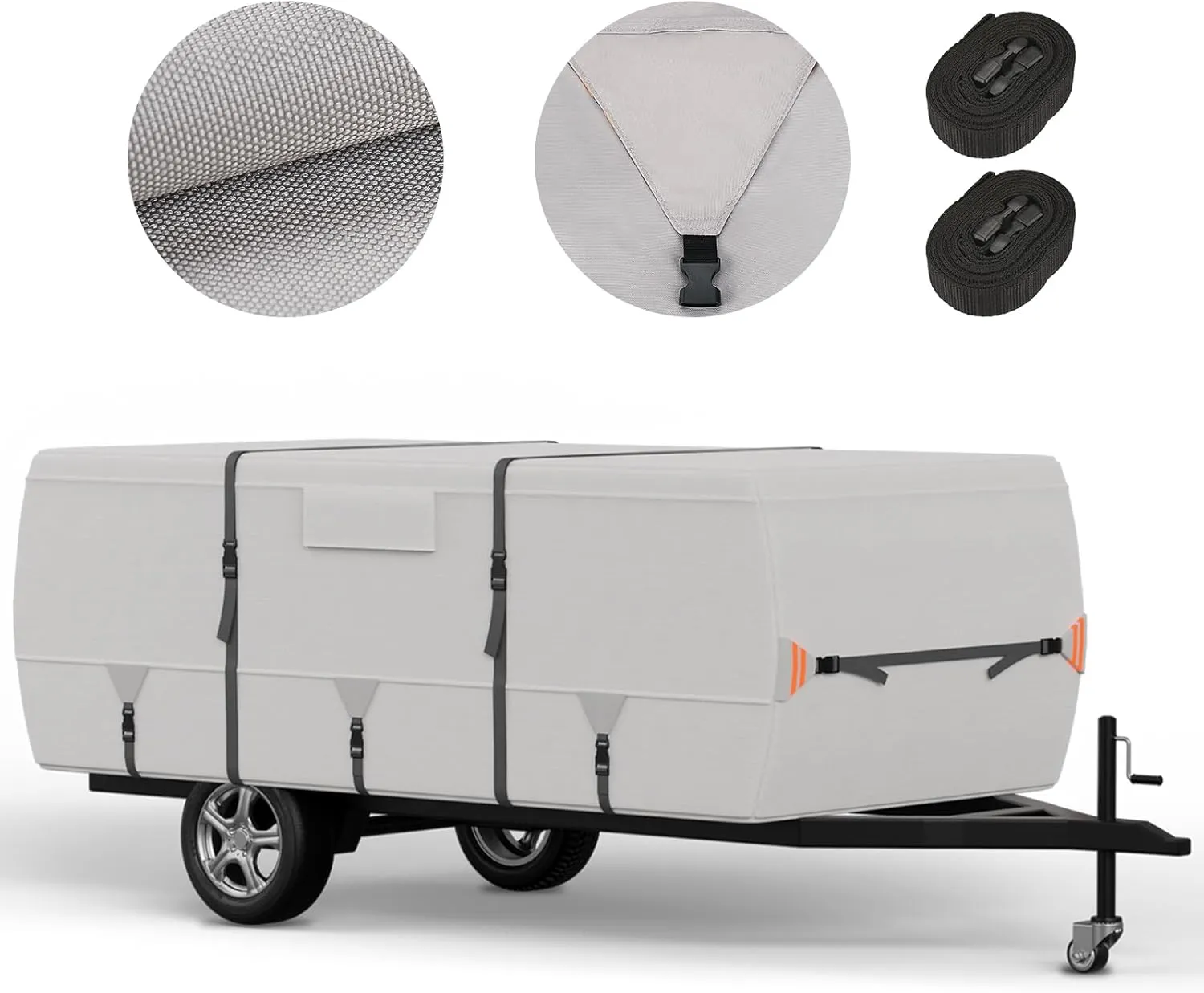Tuszom True 900D Oxford Anti-Scratch Pop Up Camper Trailer Cover, Upgraded Waterproof Anti-UV Folding Camping RV Cover, Fit 8'-10' with 7 PCS Reinforced Windproof Straps for Motorhome
