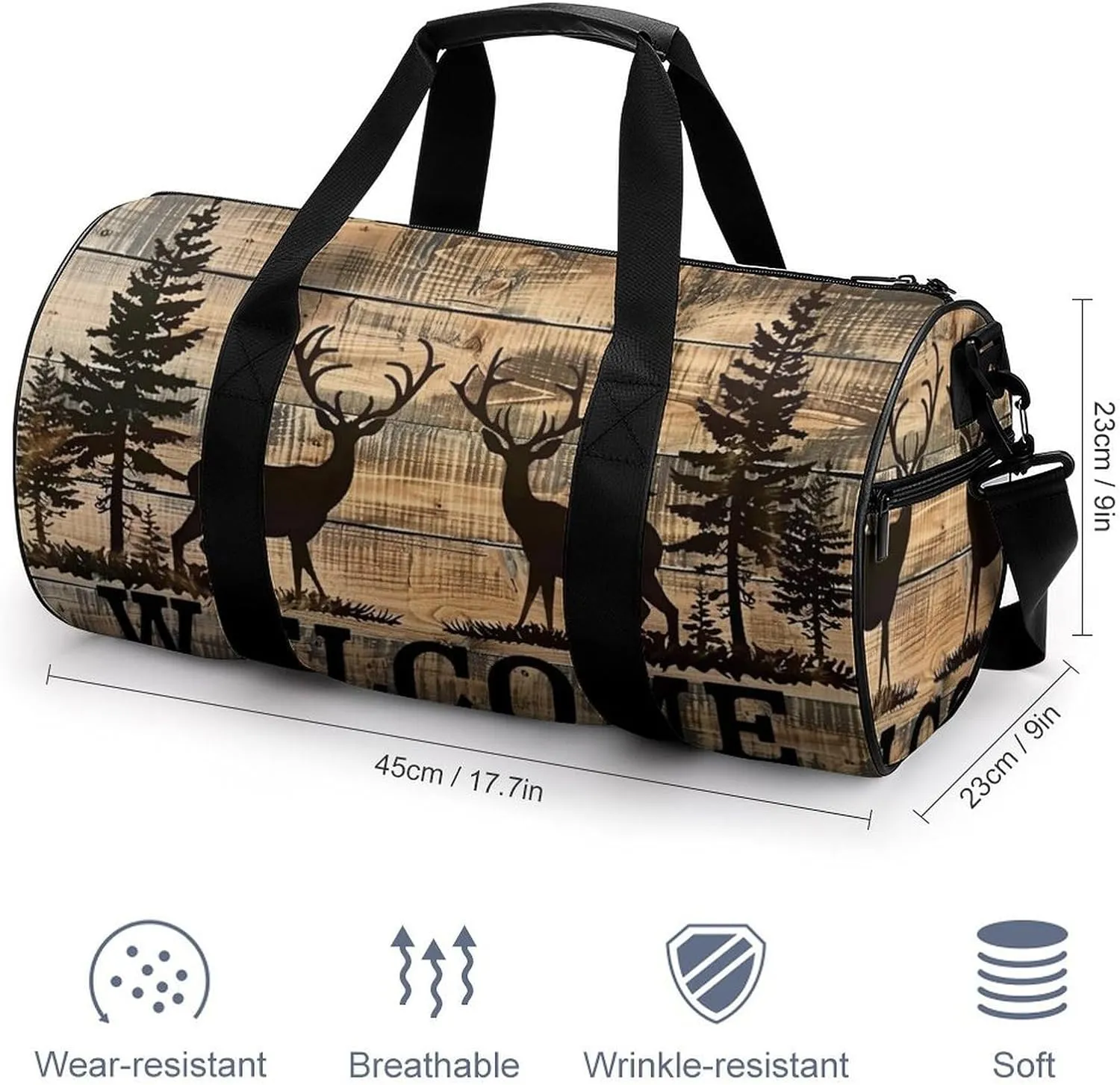 Two Deer And Pine Tree Silhouette WELCOME Travel Gym Bag for Women Men Cylindrical Duffle Bag Sport Workout Bag with Shoulder Strap